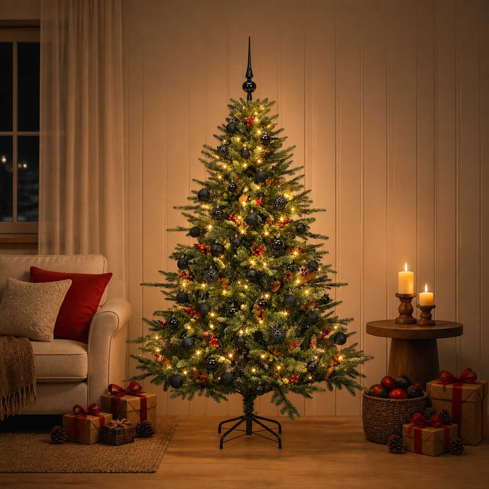 vidaXL Kunstig juletre med julekuler 120 cm 150 LED-lys Varmhvit