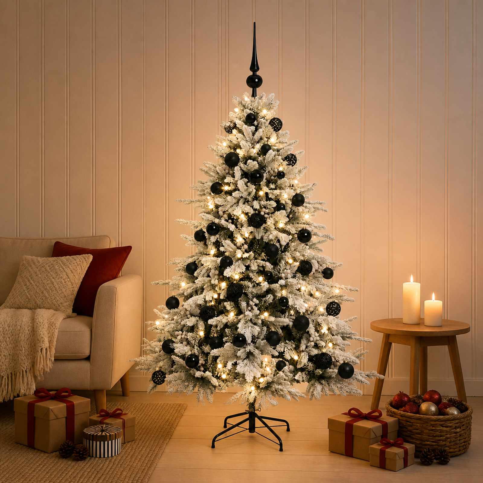 vidaXL Kunstig juletre med julekuler 150 cm 150 LED-lys Varmhvit