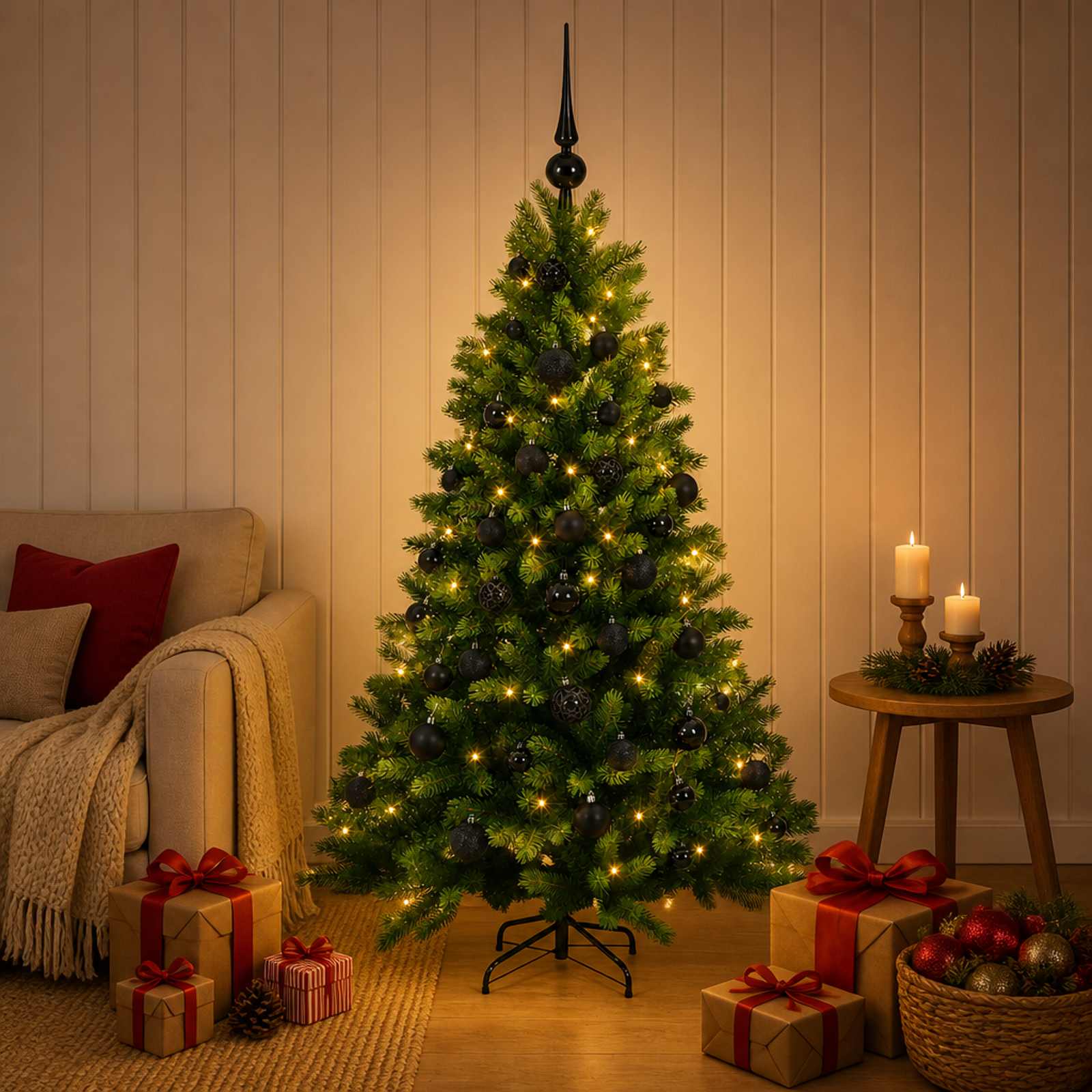 vidaXL Muovinen joulukuusi koristeilla 150 cm 150 LEDiä
