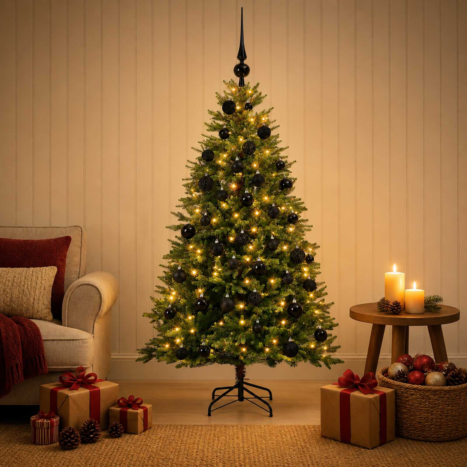 Umjetno božično drevo z okrasnimi kroglami 150 cm 150 LED