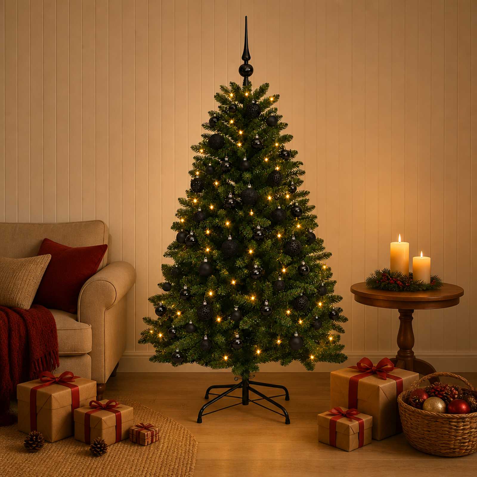 vidaXL Kunstigt juletræ mellemgrønt med julekugle 180 cm 300 LED'er
