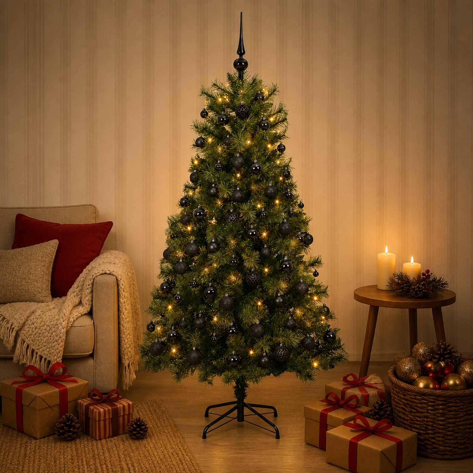 vidaXL Kunstigt hængslet juletræ med julekugler 150 cm 150 LED'er