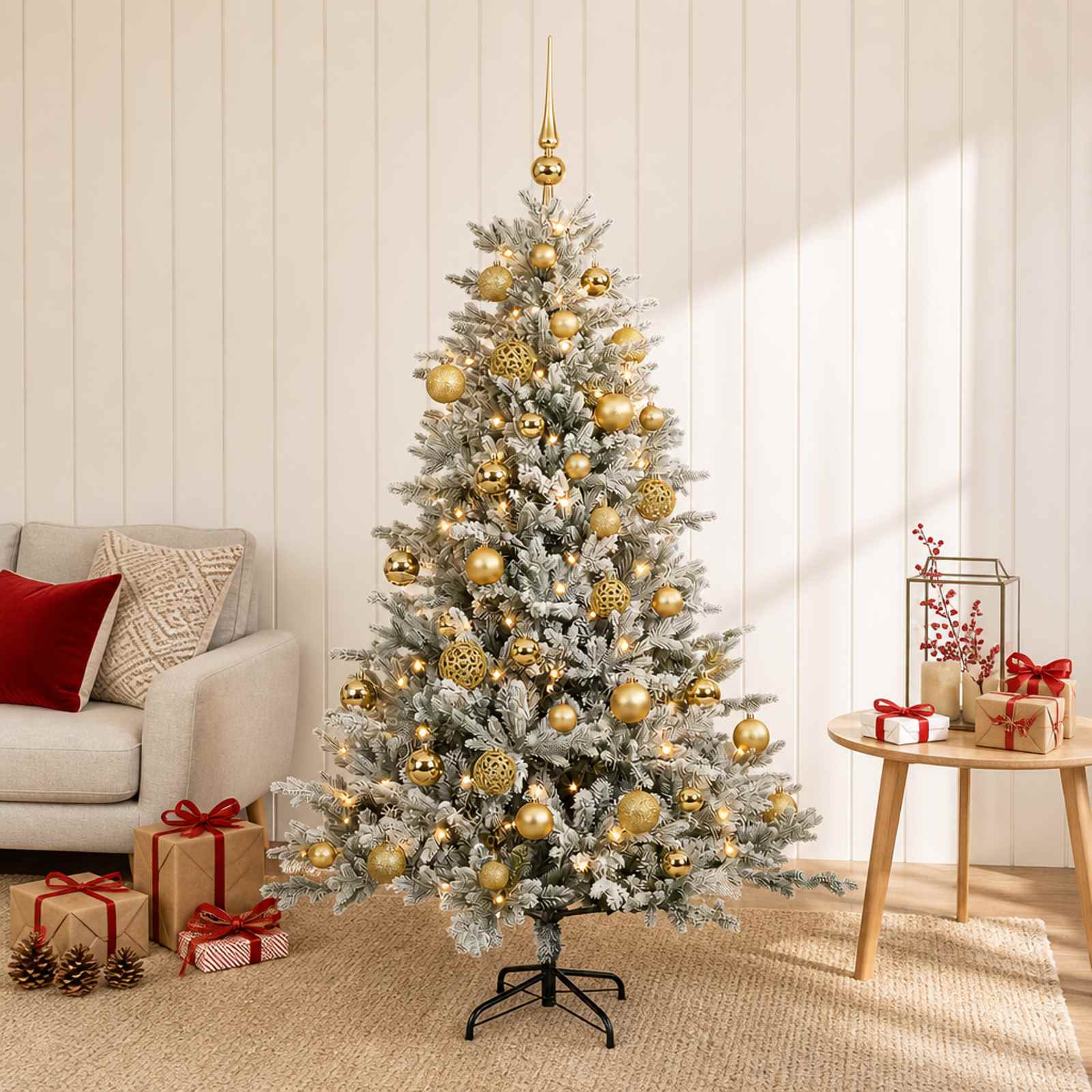 vidaXL Kunstig juletræ med kugler 150 cm 150 LED'er Varm hvid