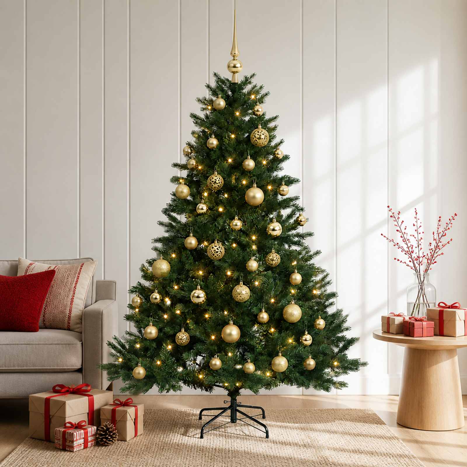 vidaXL Kunstig juletre med julekuler 120 cm 150 LED-lys Varmhvit