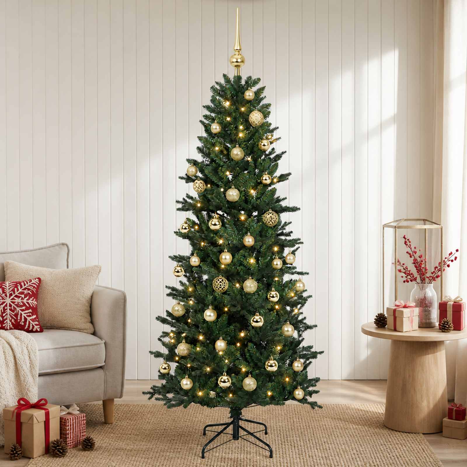 vidaXL Kunstigt juletræ med julekugle 120 cm 150 LED'er Varm hvid
