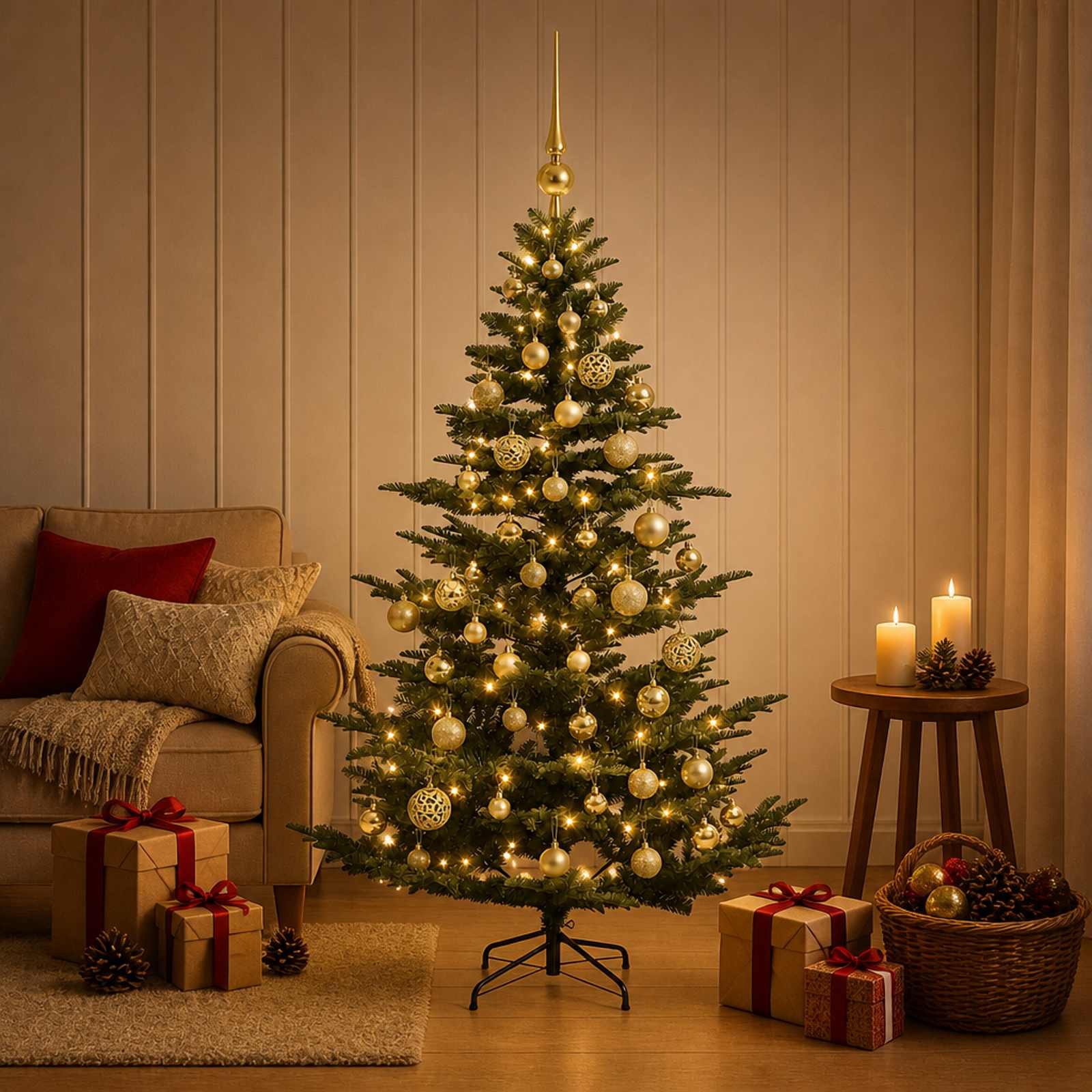 vidaXL Kunstigt juletræ med julekugle 150 cm 150 LED'er Varm hvid