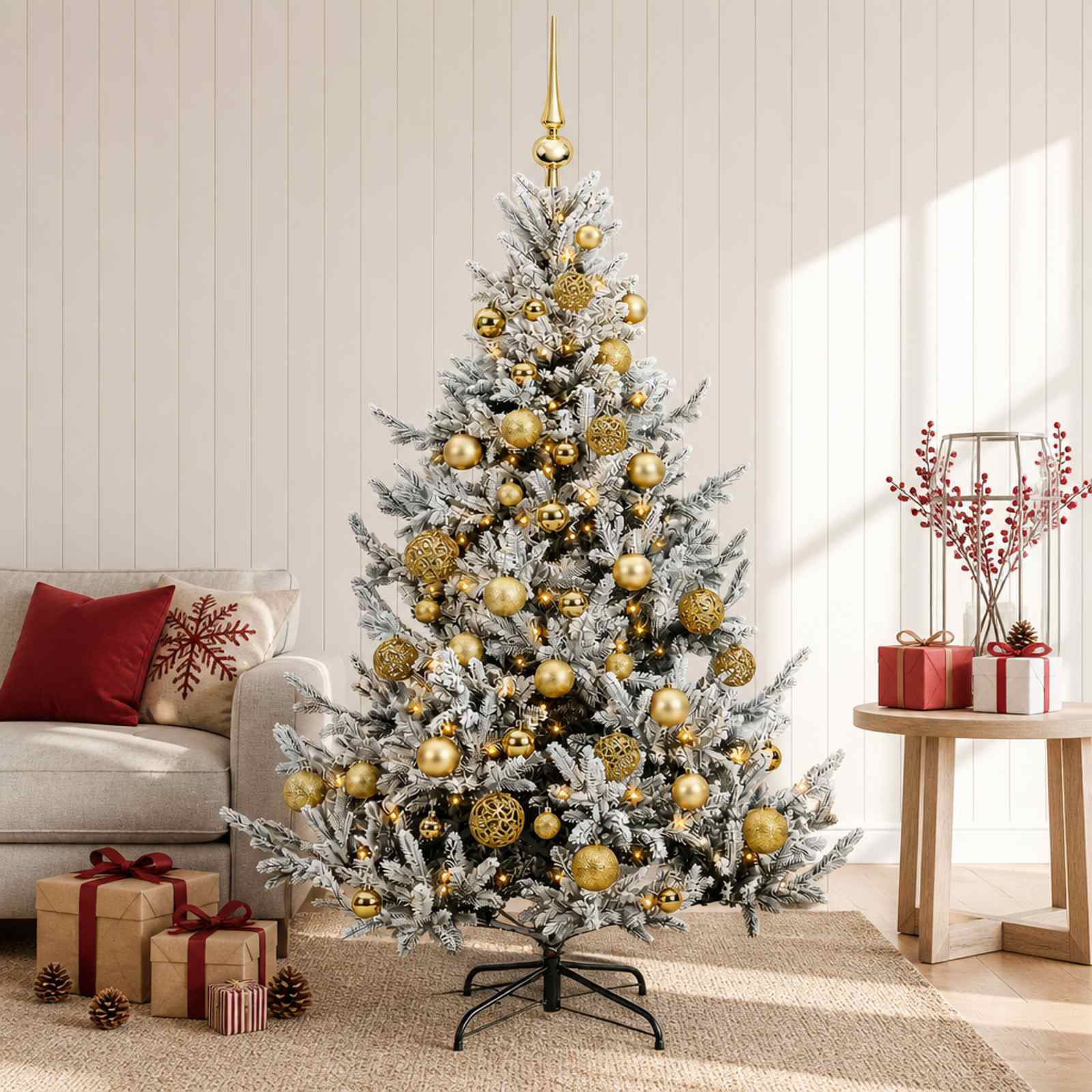 vidaXL Kunstig juletre med julekuler 150 cm 150 LED-lys Varmhvit