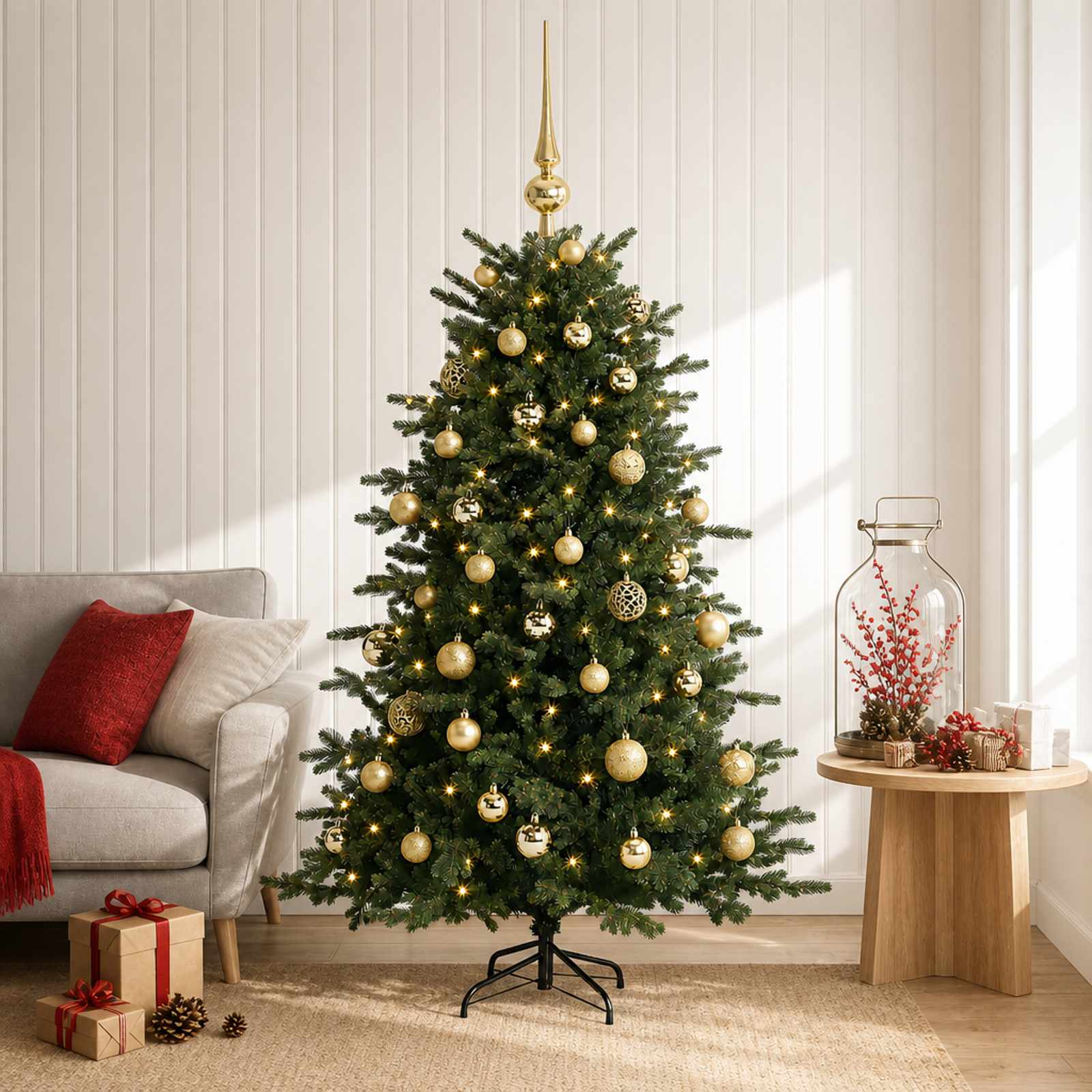vidaXL Kunstig juletre med julekuler 150 cm 150 LED-lys Varmhvit