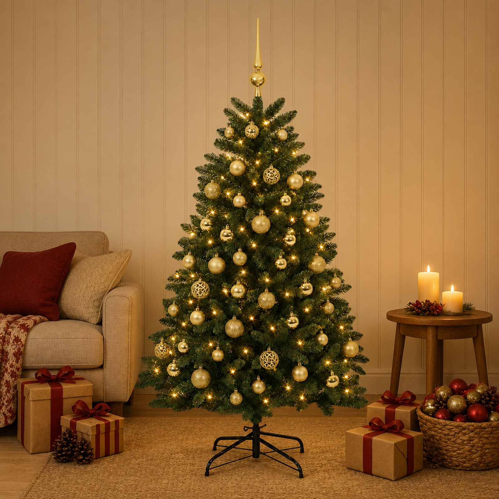 vidaXL Kunstigt juletræ mellemgrønt med julekugle 180 cm 300 LED'er