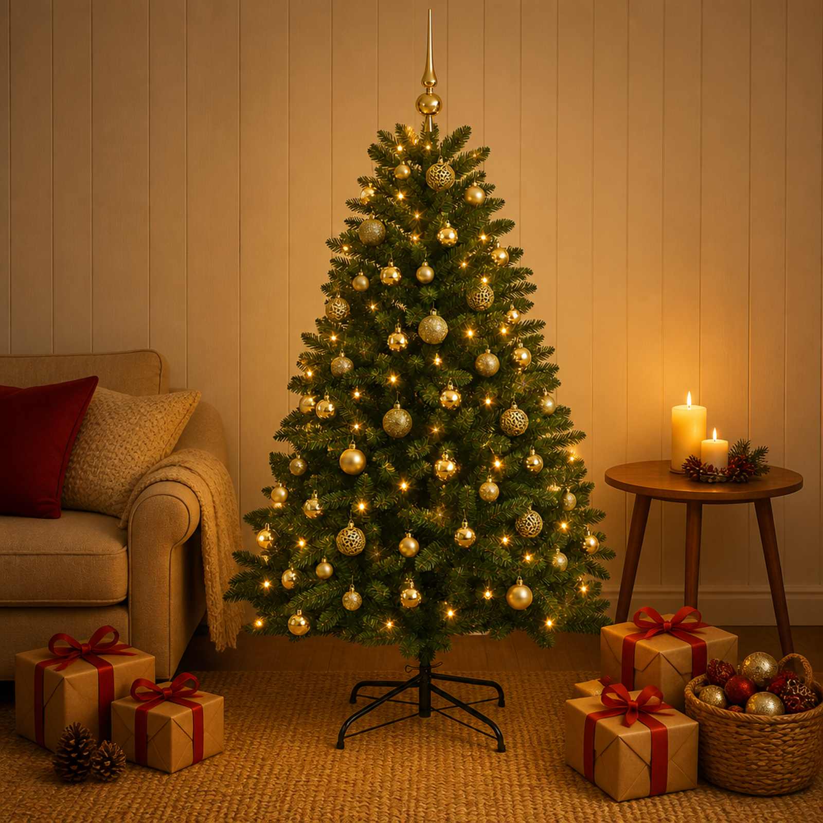 vidaXL Kunstigt juletræ mellemgrønt med julekugle 180 cm 300 LED'er
