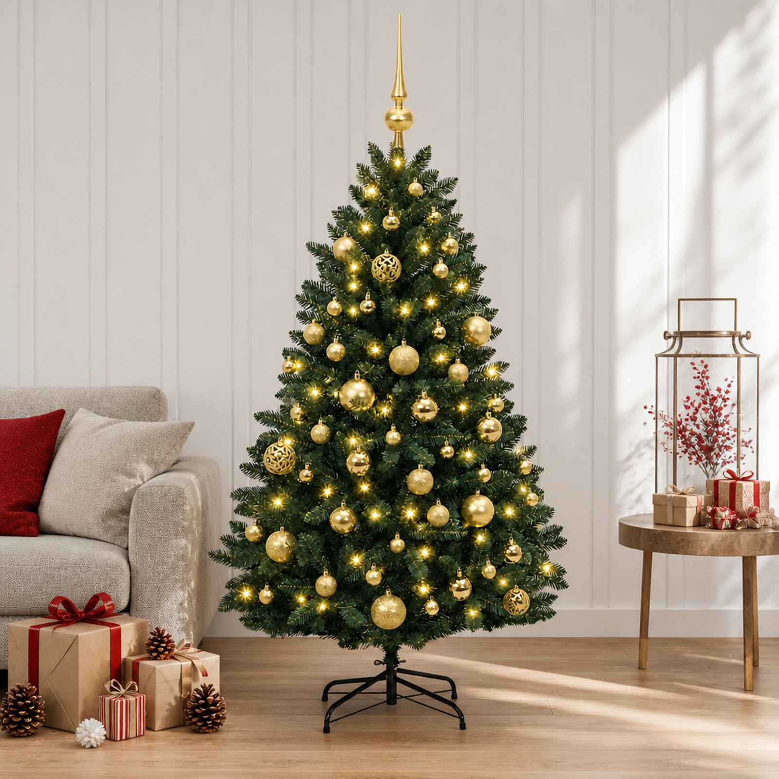 vidaXL Kunstigt juletræ, mørkegrønt med julekugler 180 cm 300 LED'er