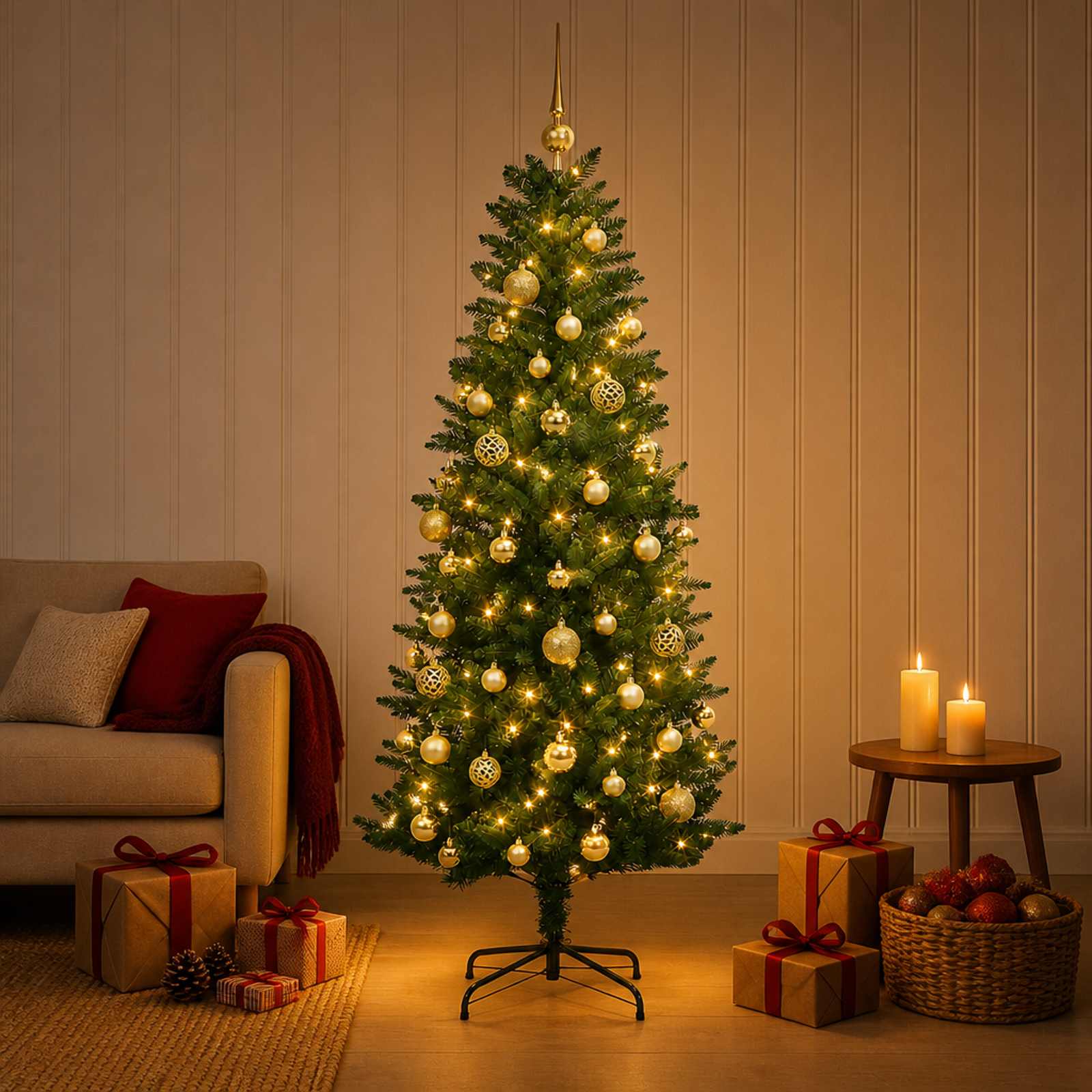 vidaXL Kunstig juletre med kuler 120 cm 150 LED-lys Varmhvit PE og PVC