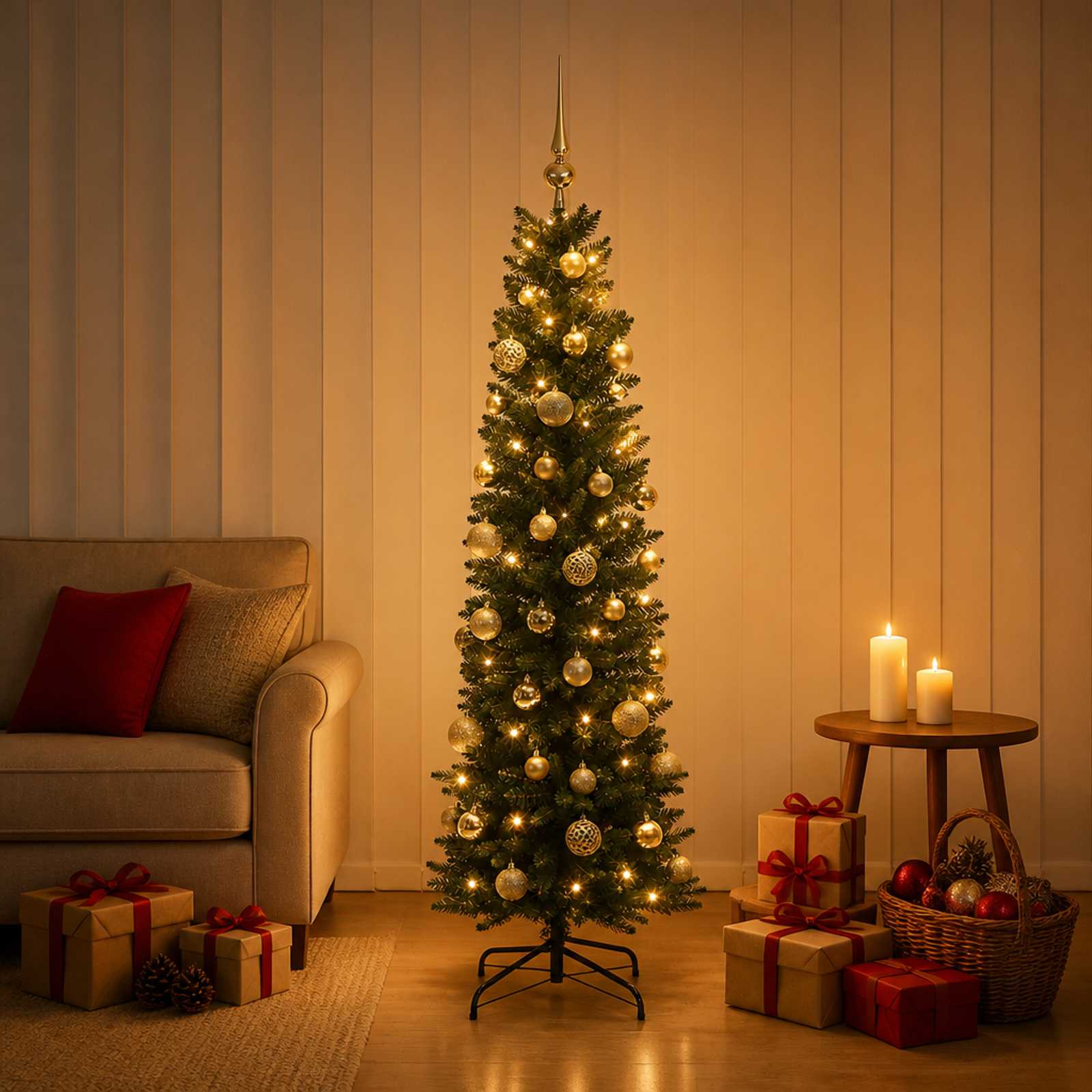vidaXL Kunstigt slankt juletræ med julekugle 120 cm 150 LED'er