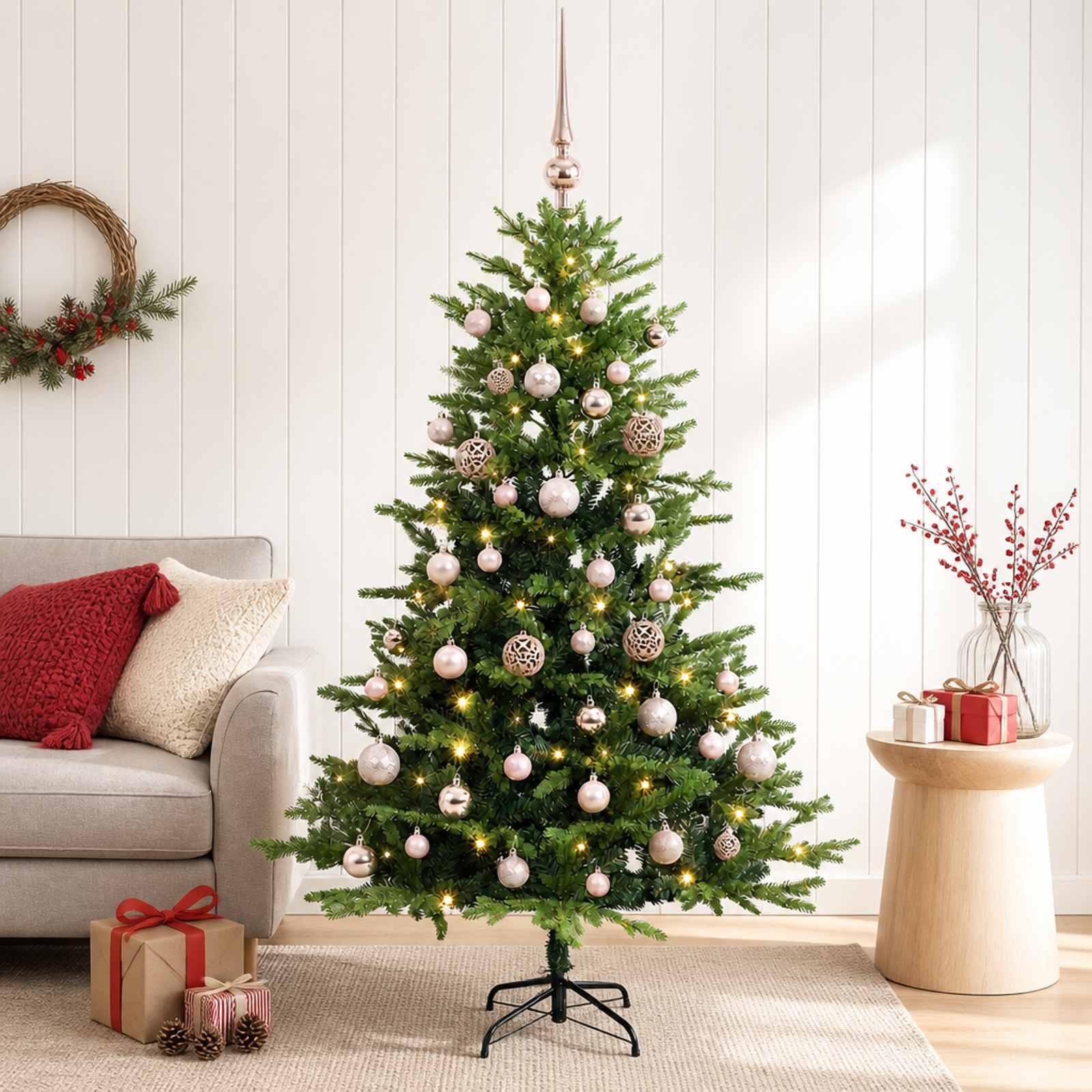 vidaXL Muovinen joulukuusi koristeilla 120 cm 150 LEDiä