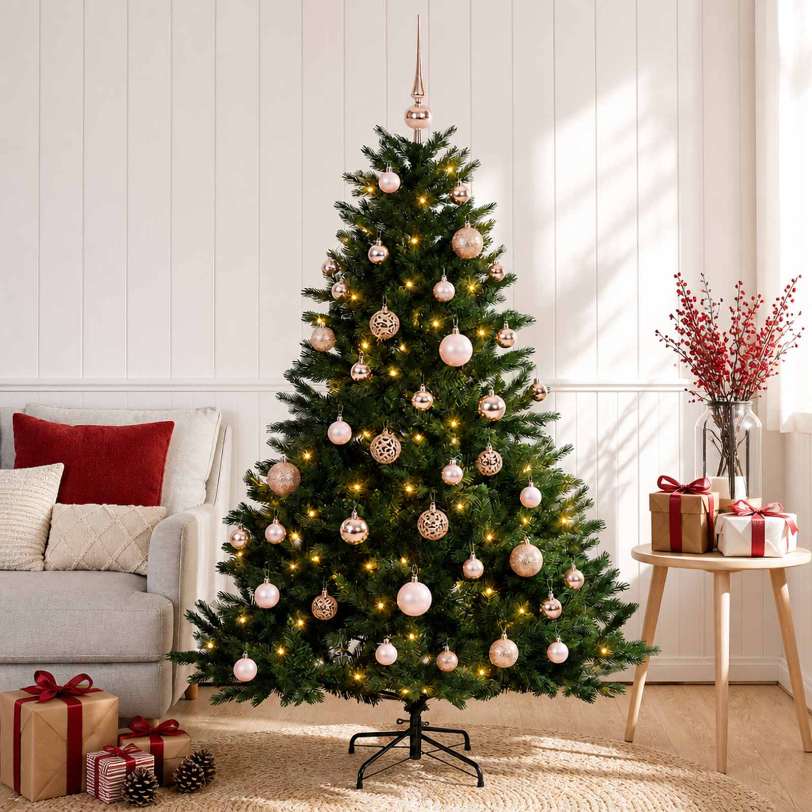 vidaXL Kunstig juletre med julekuler 150 cm 150 LED-lys Varmhvit