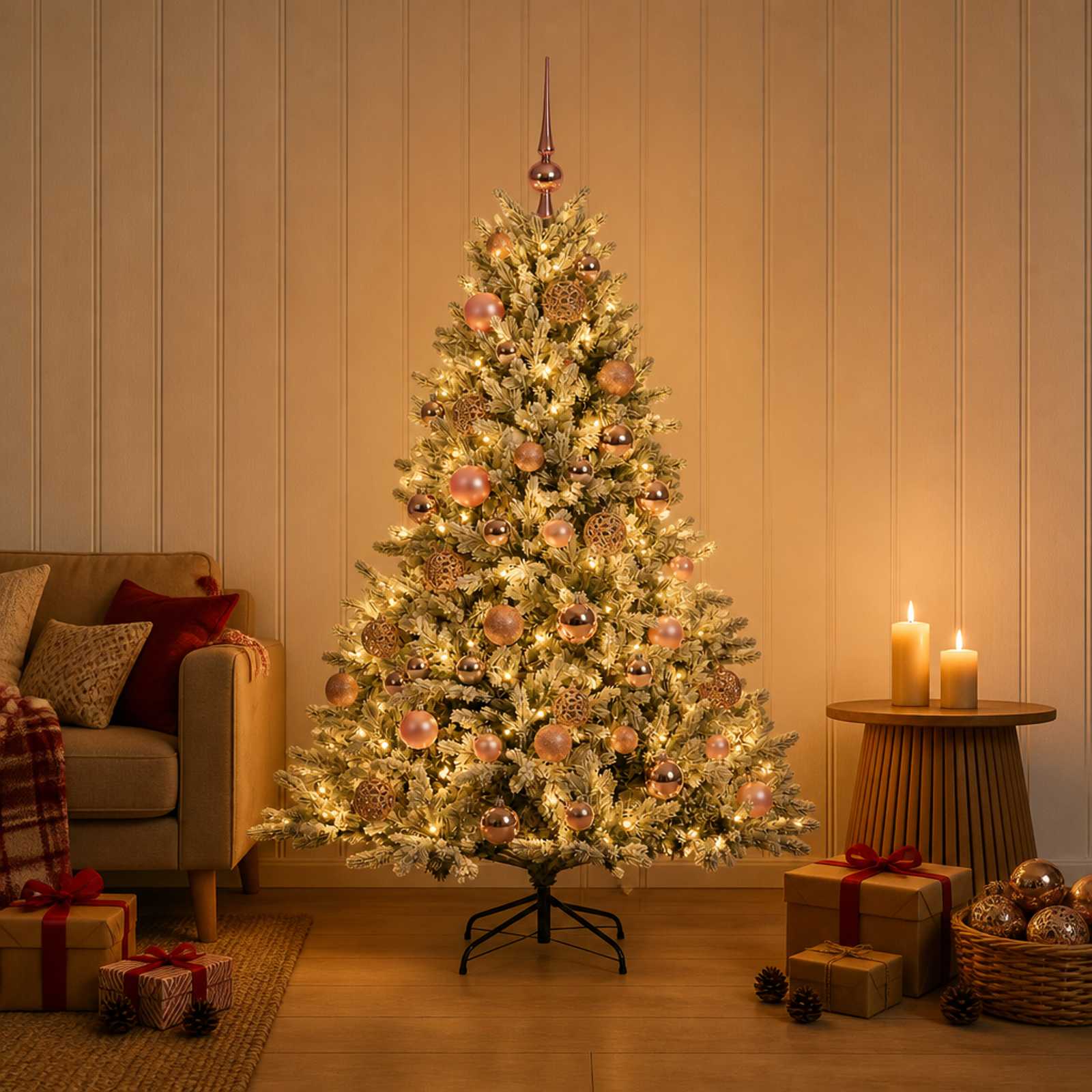 vidaXL Kunstig juletre med julekuler 120 cm 150 LED-lys Varmhvit
