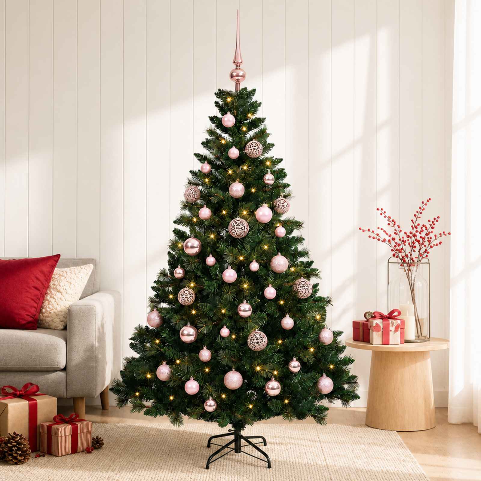 vidaXL Kunstig juletre med kuler 150 cm 150 LED-lys Varmhvit