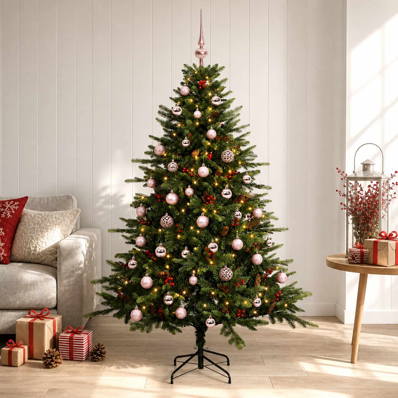 vidaXL Kunstig juletre med julekuler 120 cm 150 LED-lys Varmhvit