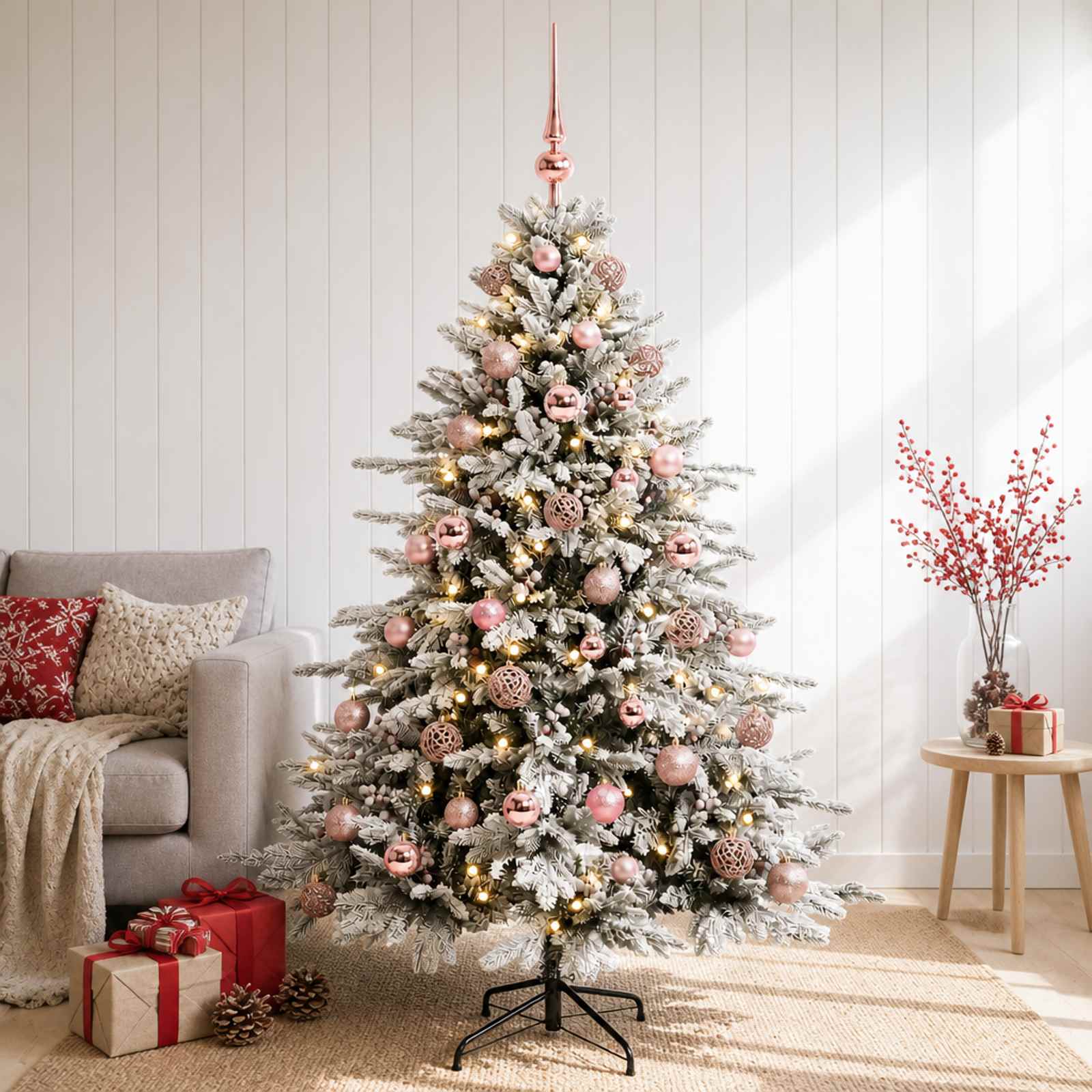 vidaXL Kunstig juletre med julekuler 150 cm 150 LED-lys Varmhvit