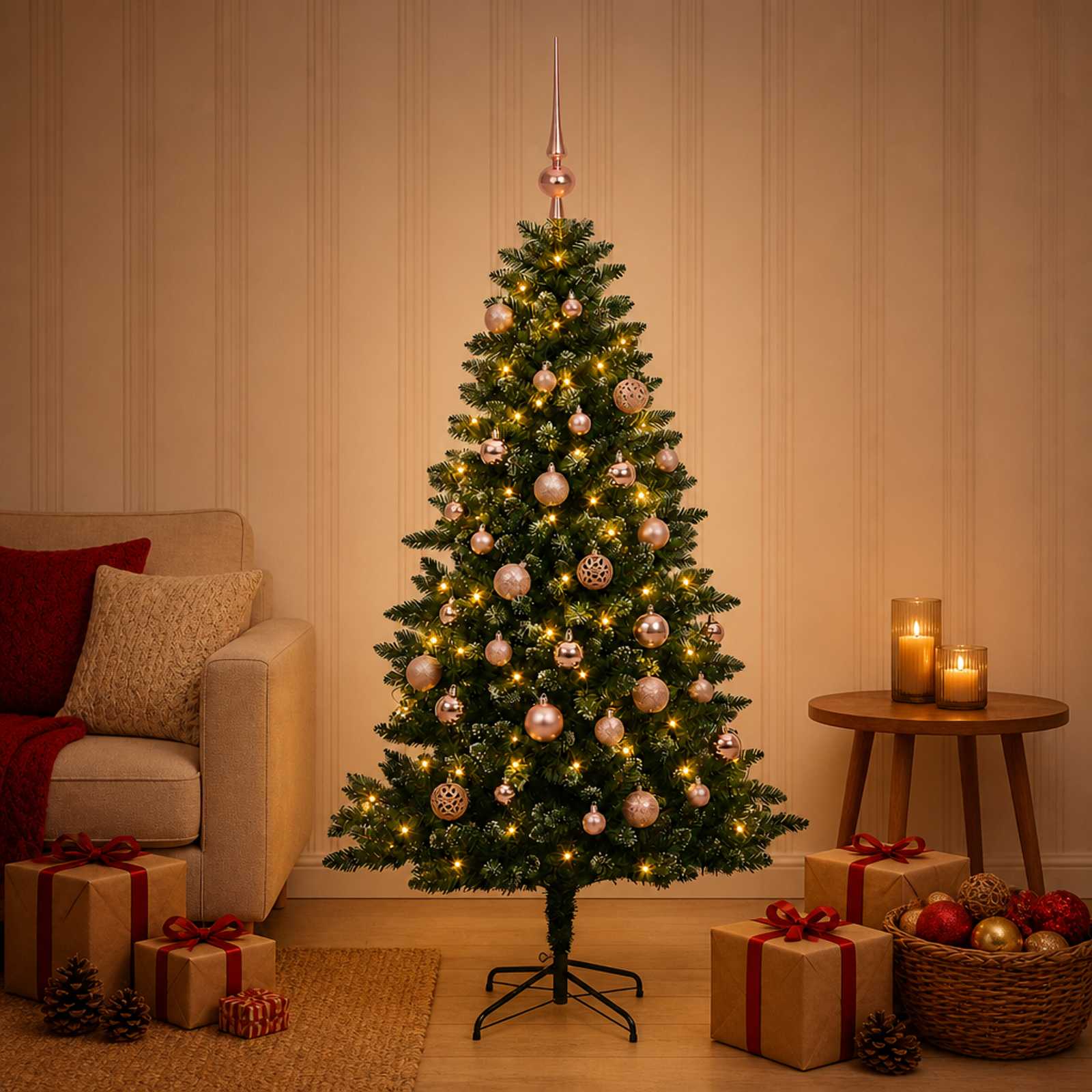 Umjetno božično drevo z okrasnimi kroglami 150 cm 150 LED