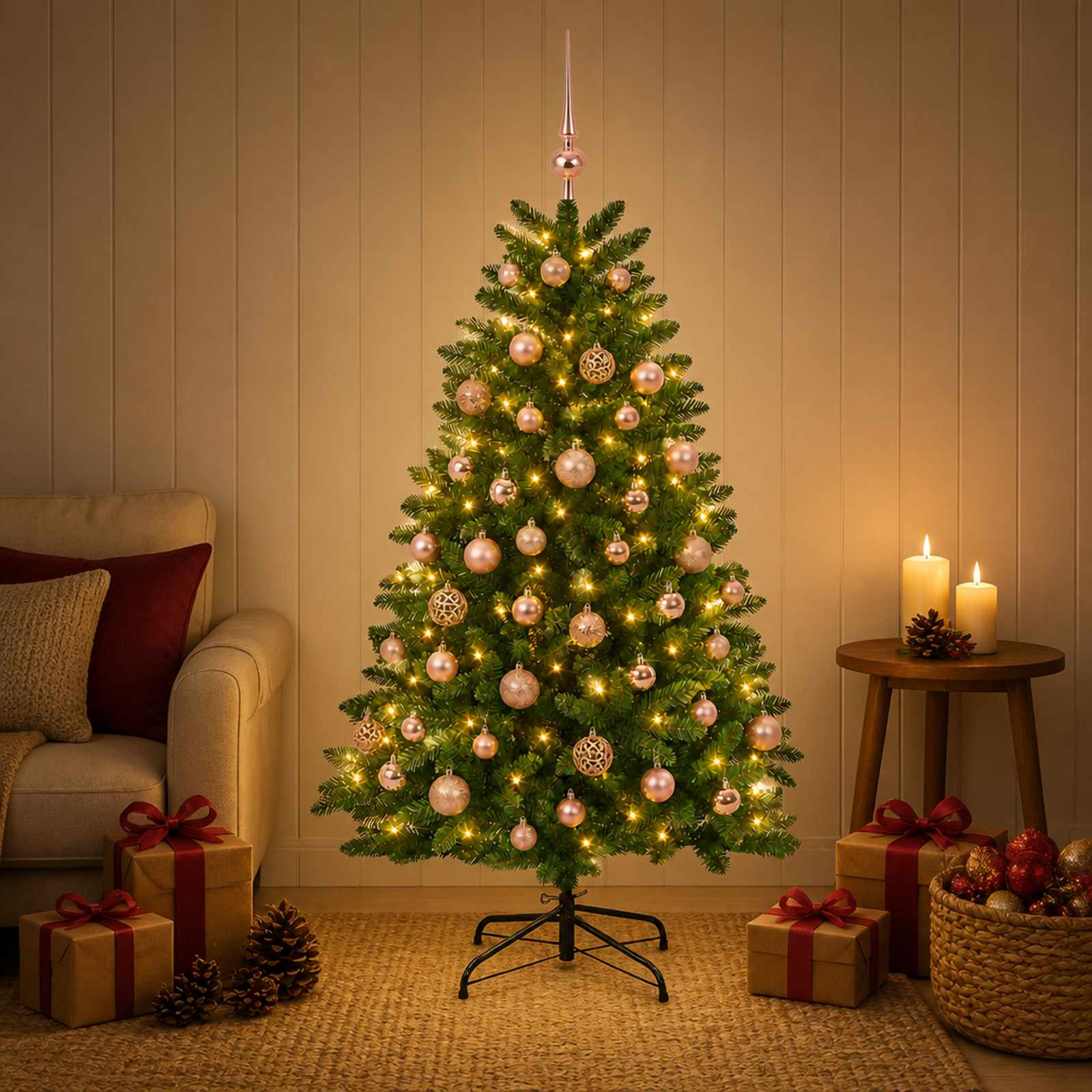 vidaXL Kunstigt juletræ mellemgrønt med julekugle 180 cm 300 LED'er