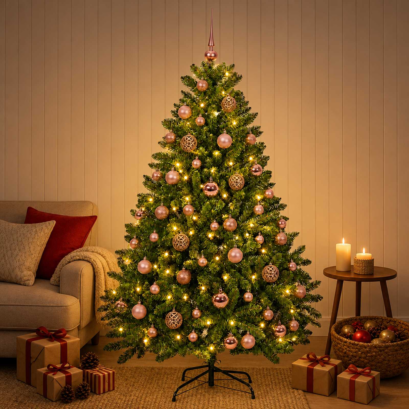 vidaXL Kunstigt juletræ lysegrønt med julekugler 120 cm 150 LED'er