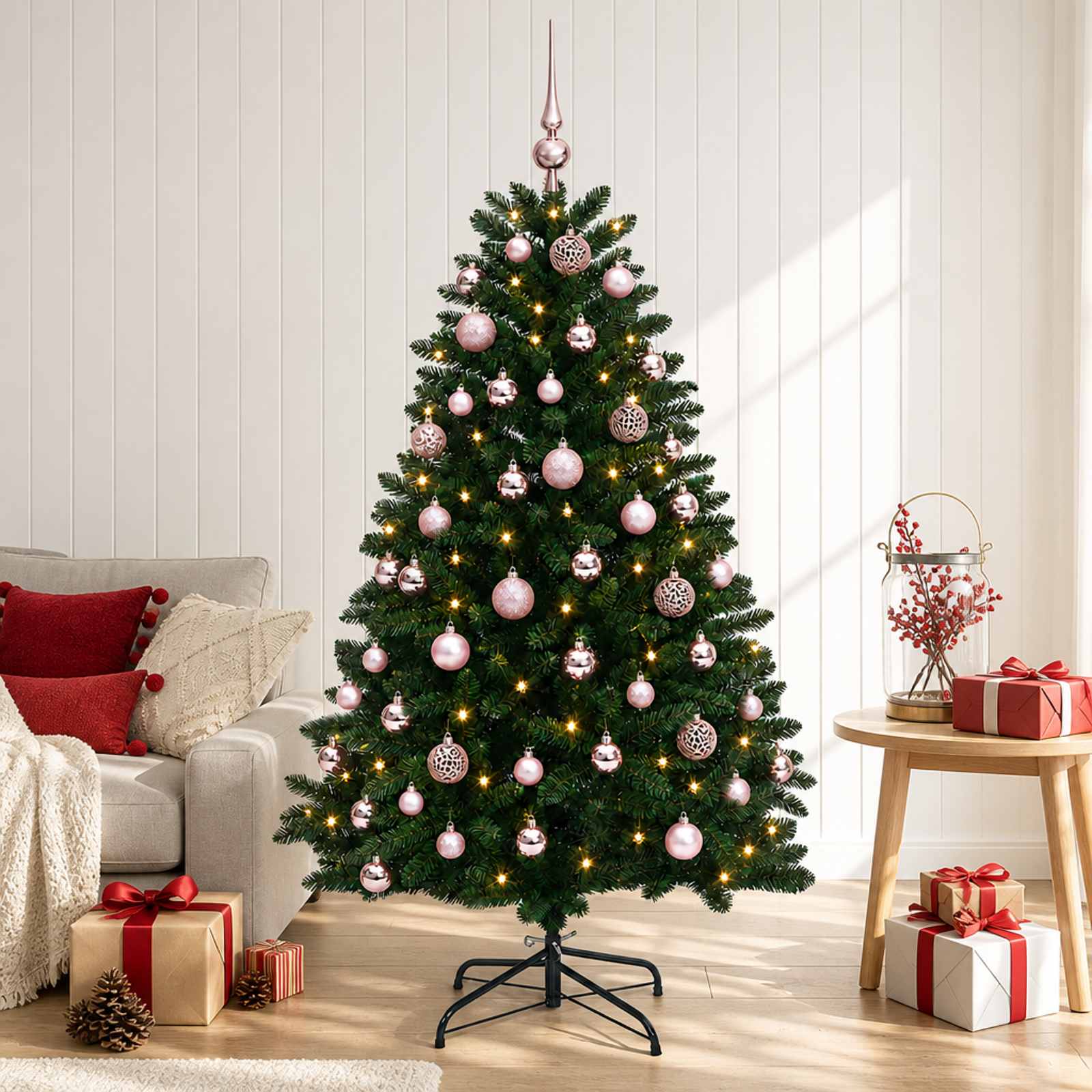vidaXL Kunstigt juletræ mellemgrønt med julekugle 180 cm 300 LED'er
