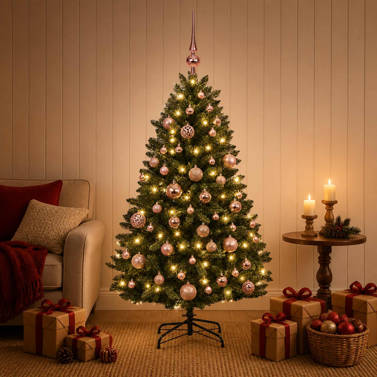vidaXL Kunstigt mørkegrønt juletræ med julekugle 180 cm 300 LED'er