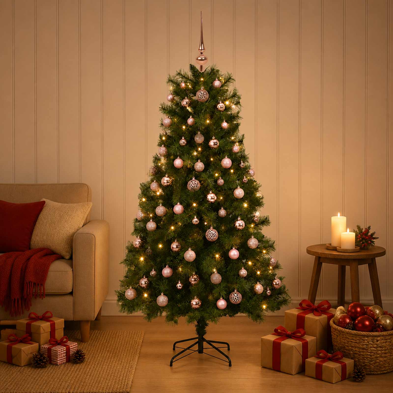 vidaXL Kunstigt hængslet juletræ med julekugler 150 cm 150 LED'er
