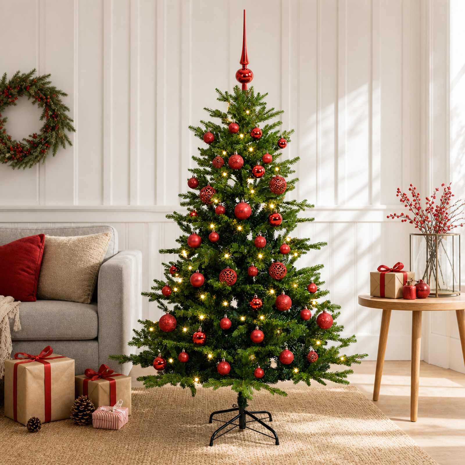 vidaXL Kunstig juletræ med kugler 120 cm 150 LED'er Varm hvid