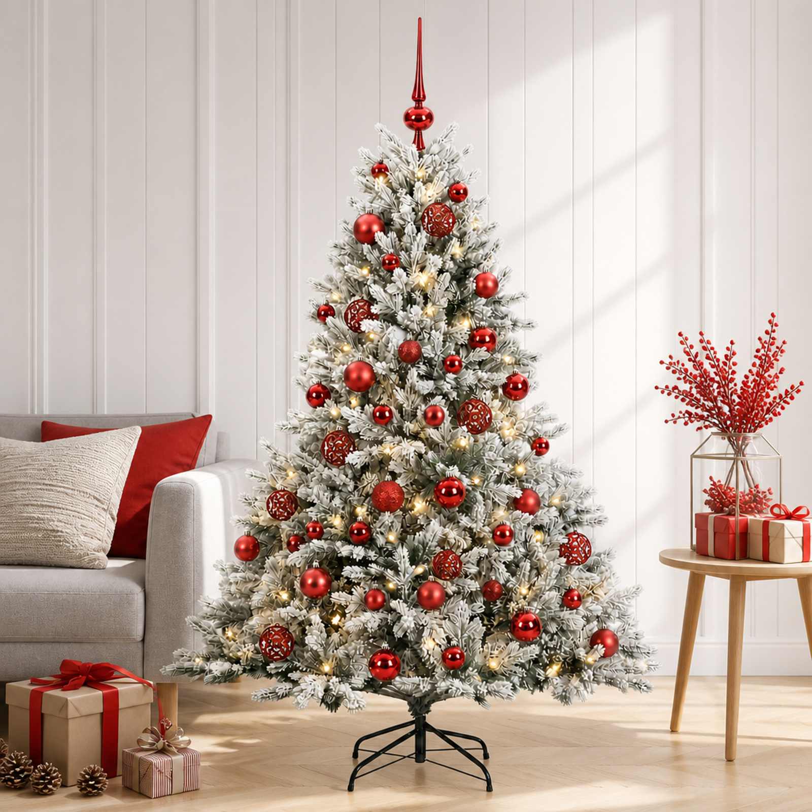 vidaXL Kunstig juletre med julekuler 120 cm 150 LED-lys Varmhvit