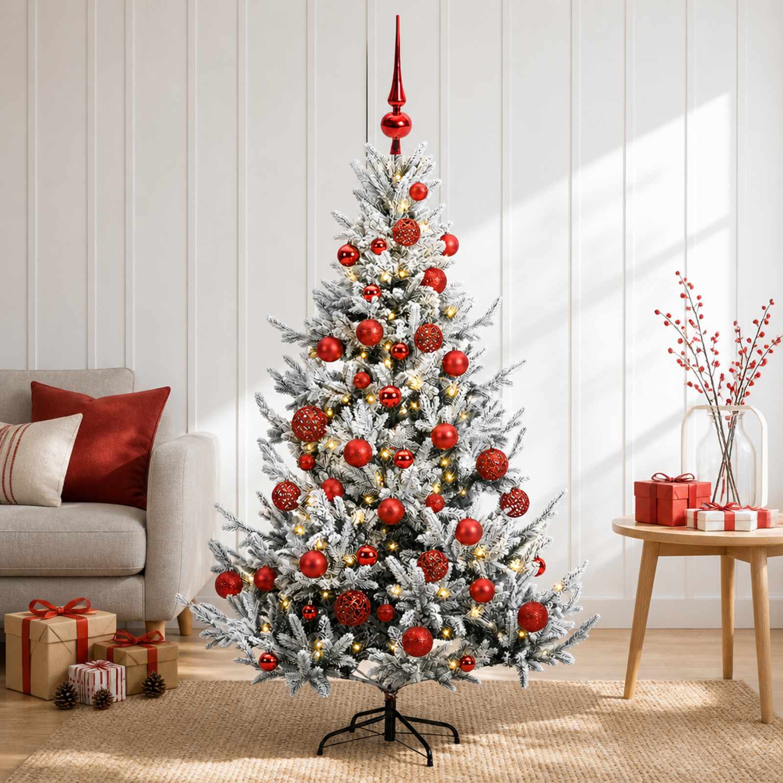 vidaXL Kunstig juletre med julekuler 120 cm 150 LED-lys Varmhvit