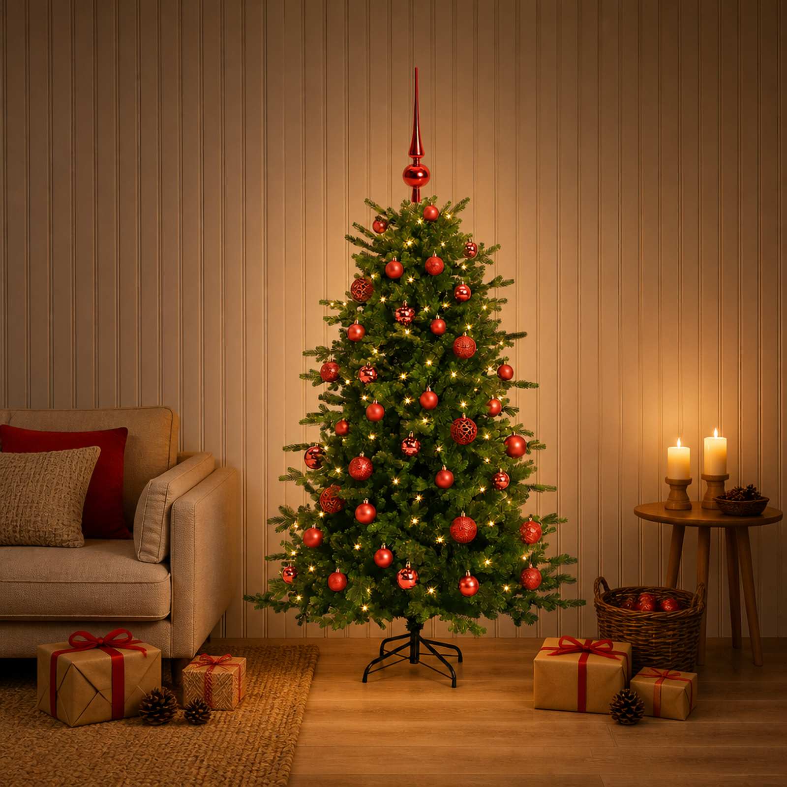 vidaXL Kunstig juletre med julekuler 150 cm 150 LED-lys Varmhvit