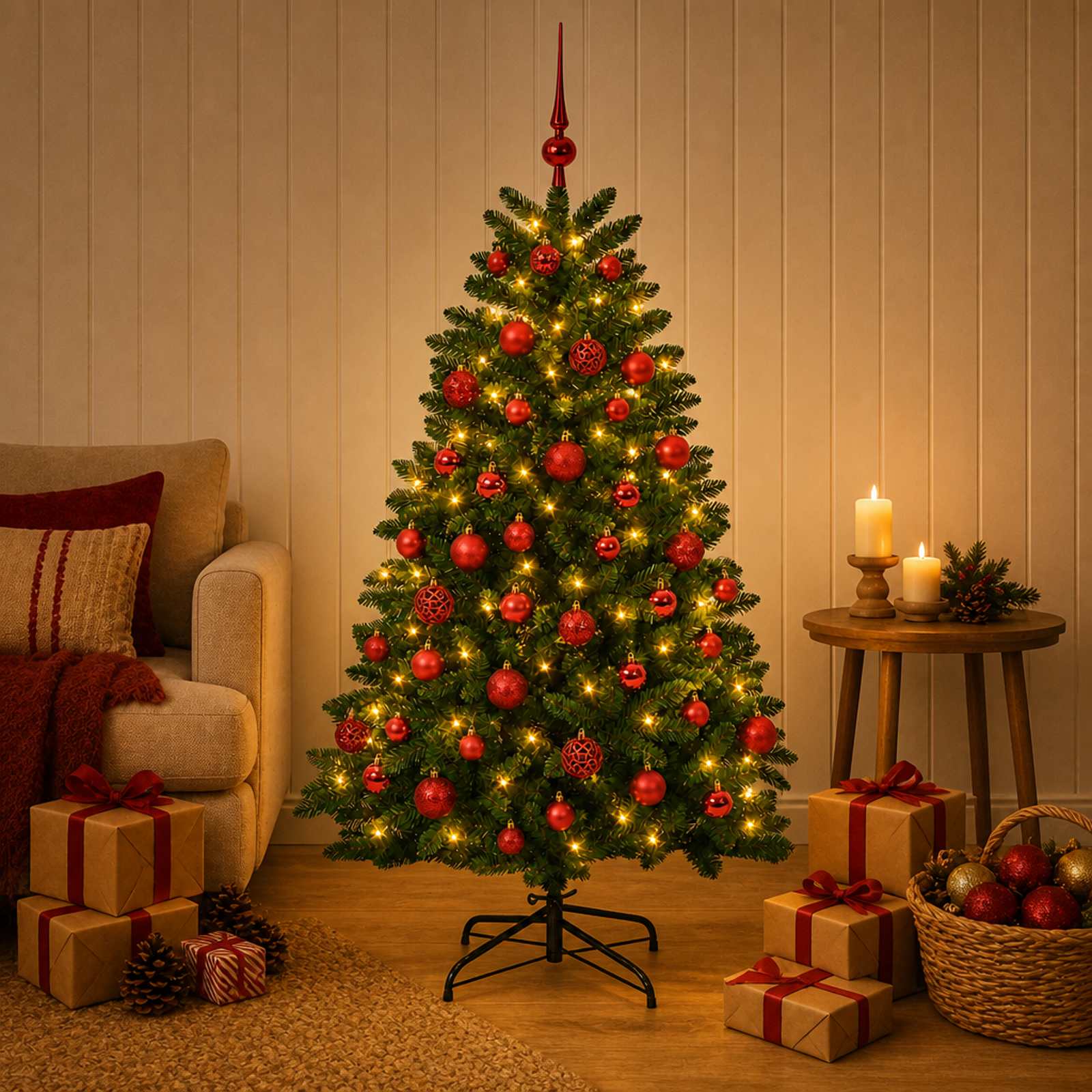 Kunstigt juletræ med LED-lyskæde og julekugler - mellemgrønt, 150 cm