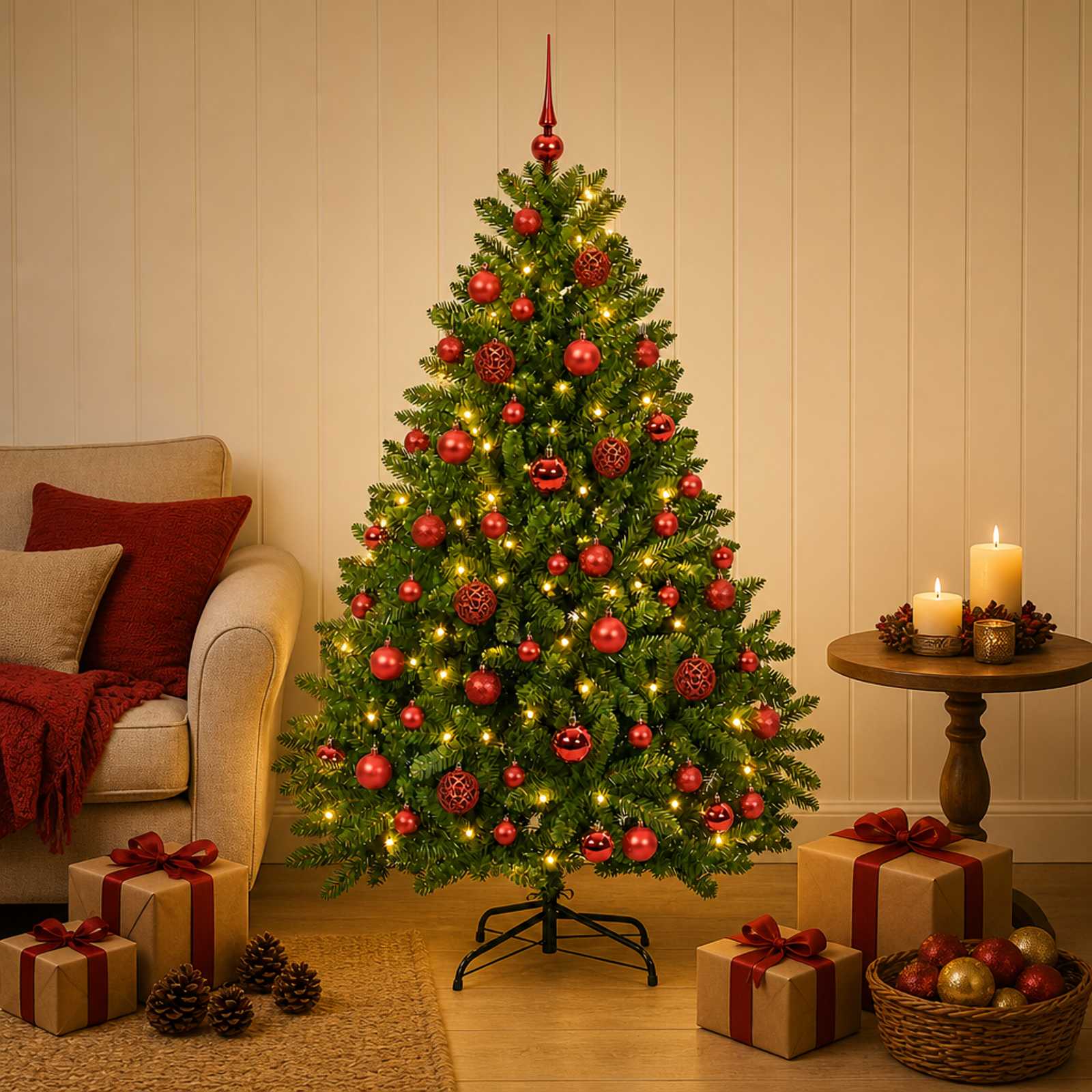 vidaXL Kunstigt juletræ lysegrønt med julekugle 120 cm 150 LED'er
