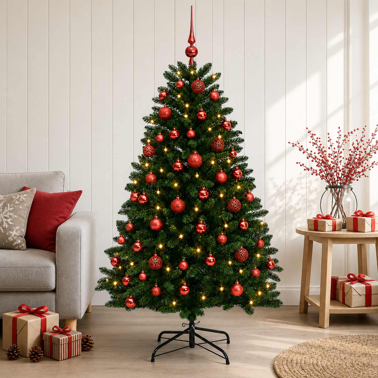 vidaXL Kunstigt juletræ mellemgrønt med julekugle 180 cm 300 LED'er