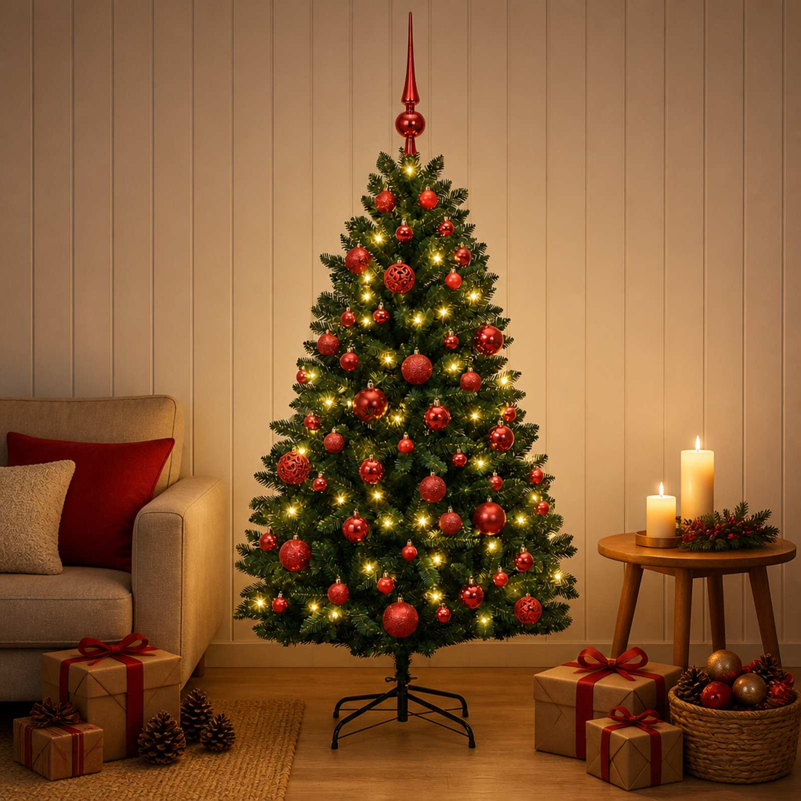 vidaXL Kunstigt juletræ mørkegrønt med julekugle 180 cm 300 LED'er