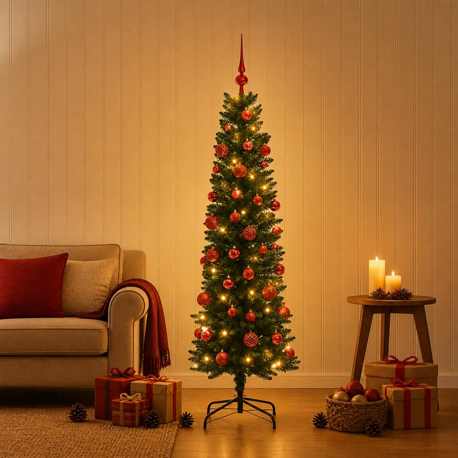 vidaXL Kunstig smalt juletre med julekuler 120 cm 150 LED-lys Varmhvit