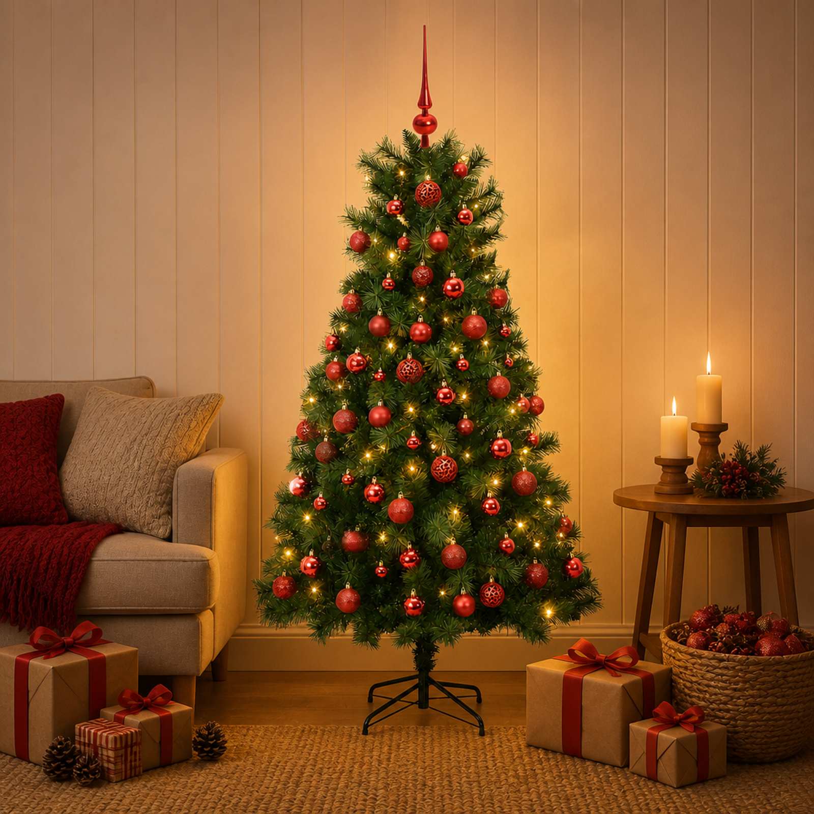 vidaXL Kunstigt hængslet juletræ med julekugler 150 cm 150 LED'er