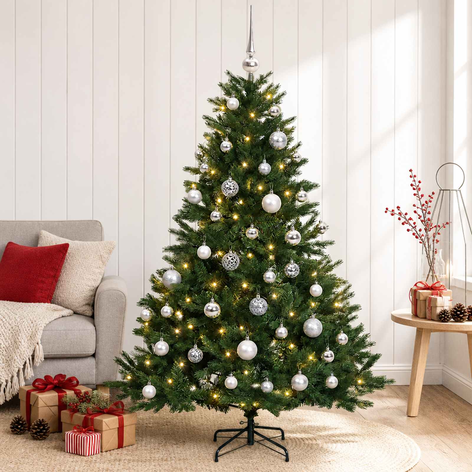 vidaXL Kunstig juletre med julekuler 150 cm 150 LED-lys Varmhvit