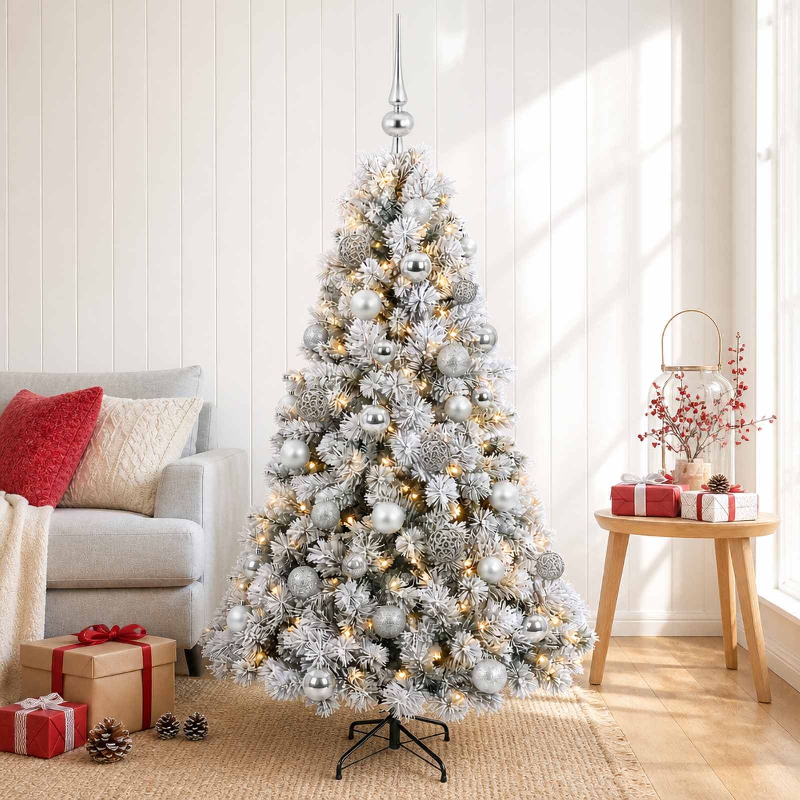 vidaXL Tekokuusi joulupalloilla 120 cm 150 LEDiä Lämpimän Valkoinen