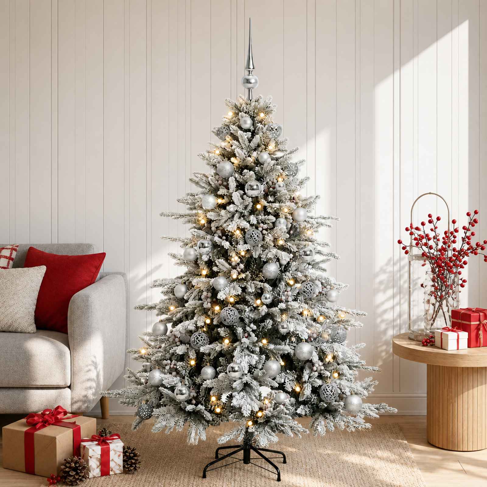 vidaXL Kunstig juletre med julekuler 150 cm 150 LED-lys Varmhvit