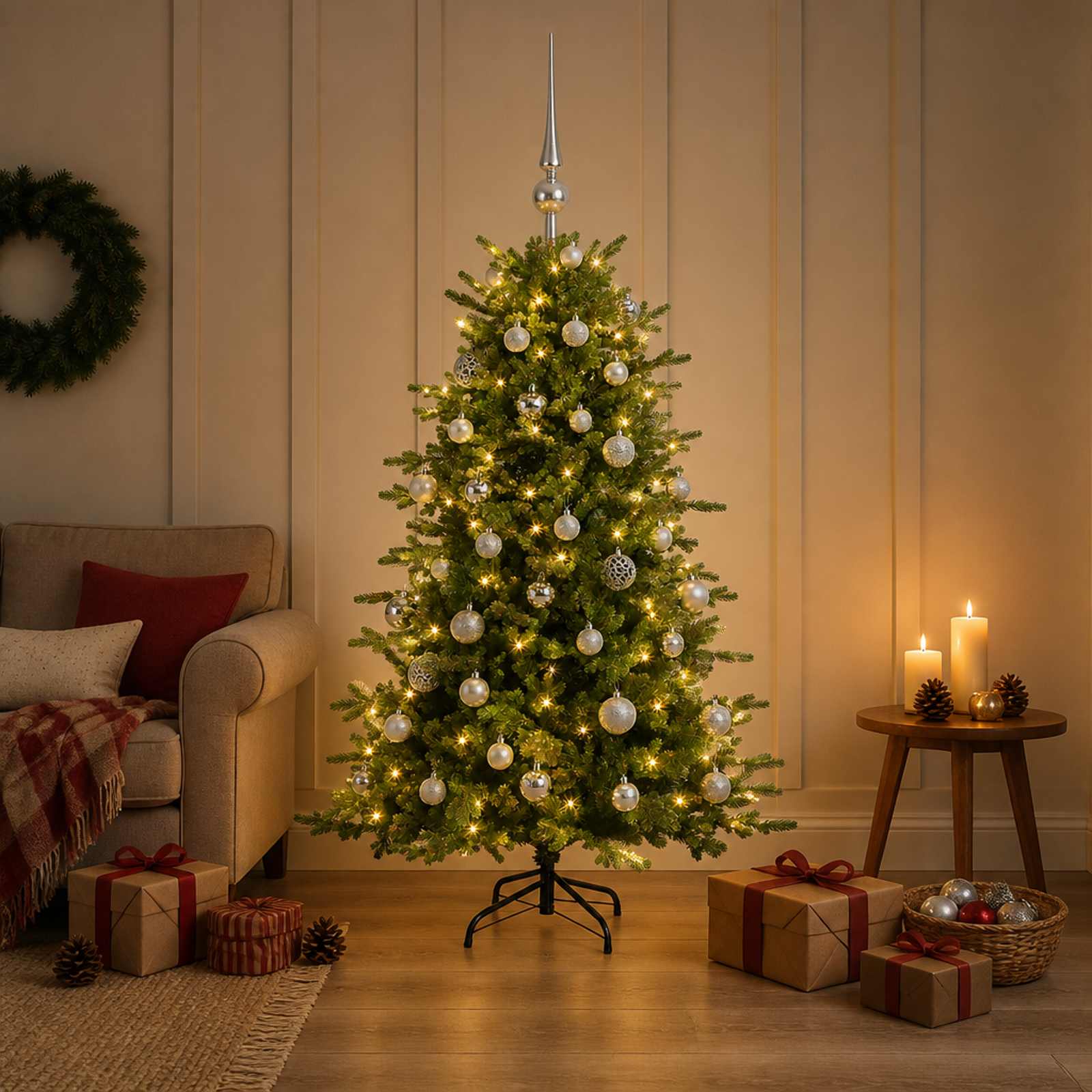 vidaXL Kunstig juletre med julekuler 150 cm 150 LED-lys Varmhvit