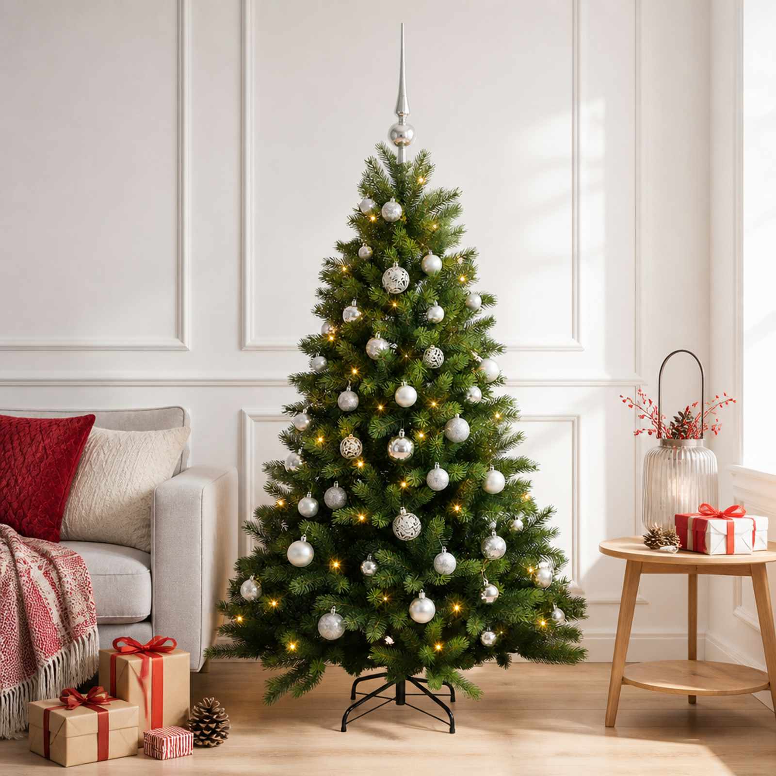 vidaXL Muovinen joulukuusi koristeilla 150 cm 150 LEDiä