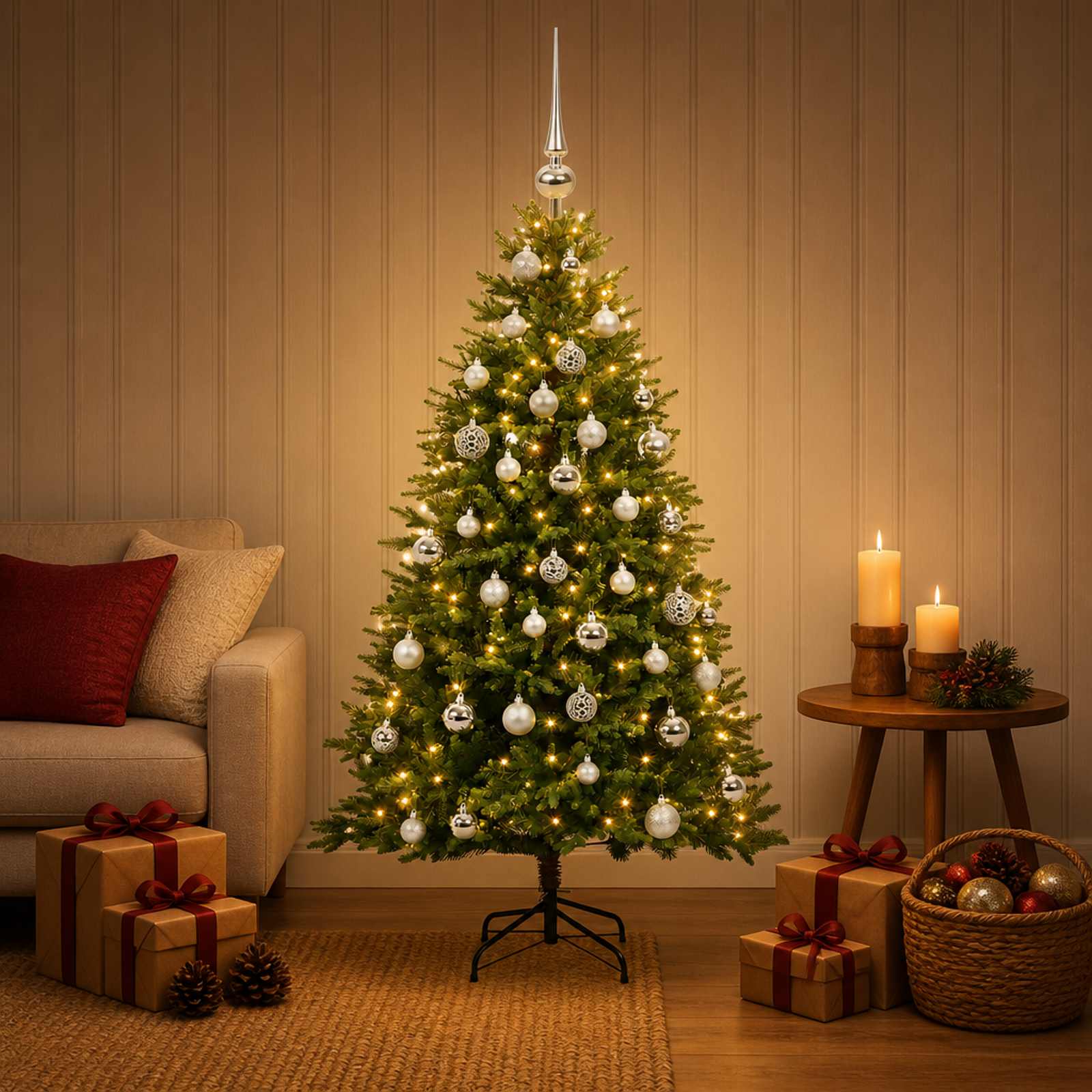 Umjetno božično drevo z okrasnimi kroglami 150 cm 150 LED