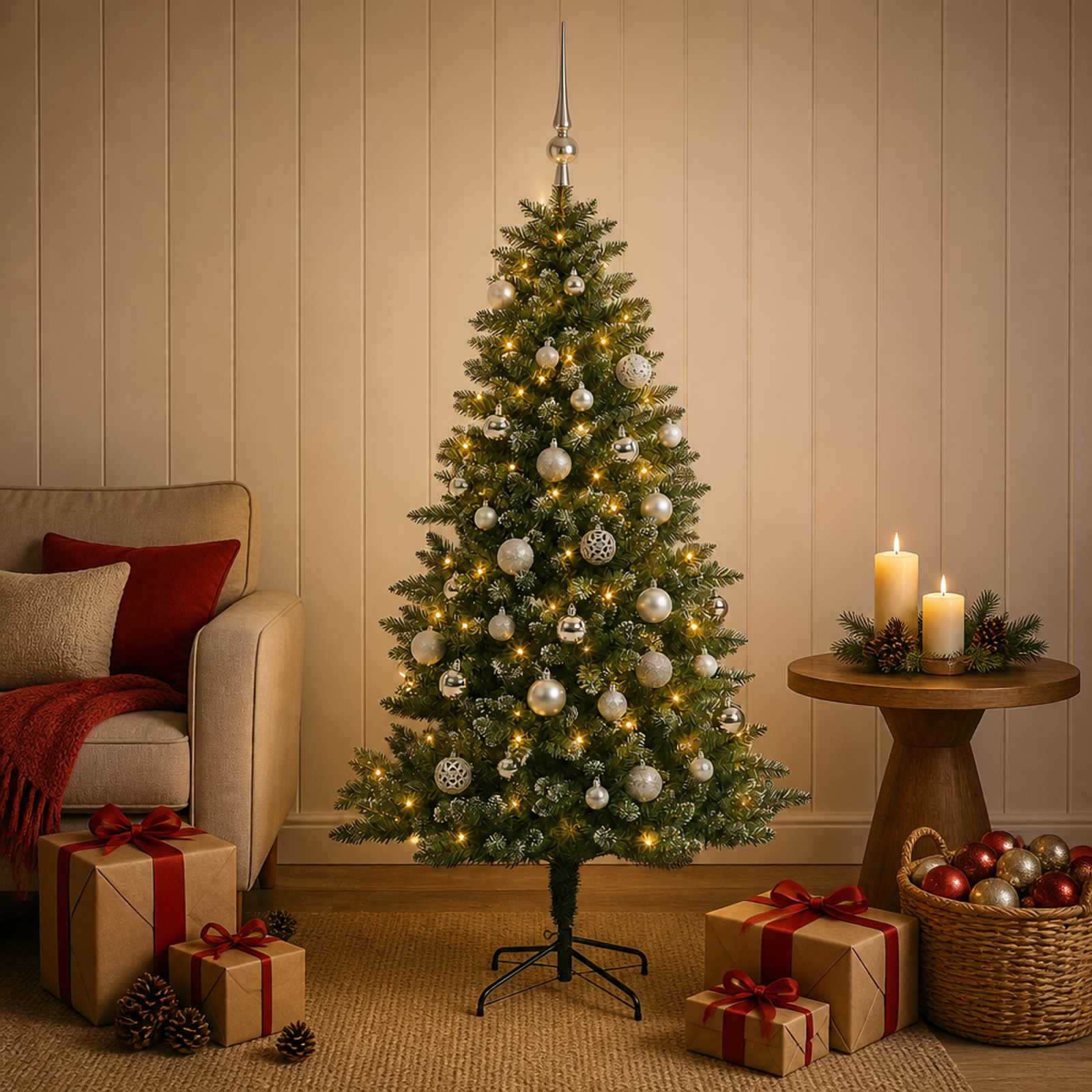 Umjetno božično drevo z okrasnimi kroglami 150 cm 150 LED