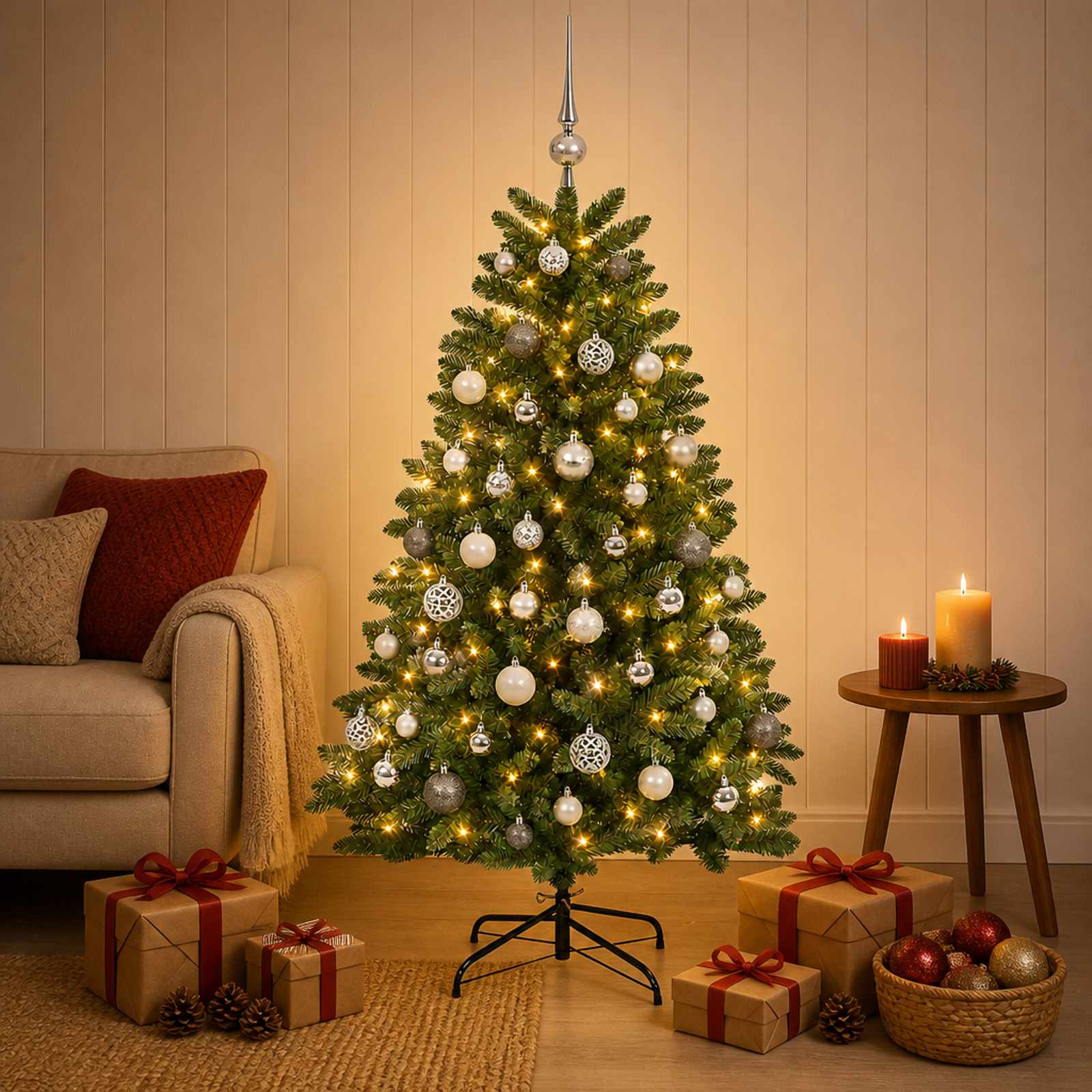 vidaXL Kunstigt juletræ mellemgrønt med julekugle 180 cm 300 LED'er