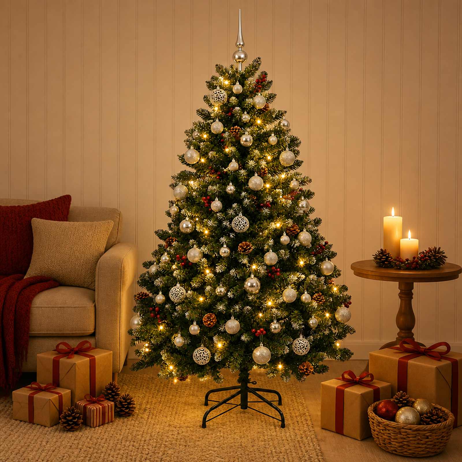 vidaXL Kunstigt juletræ grønt med julekugler 150 cm 150 LED'er