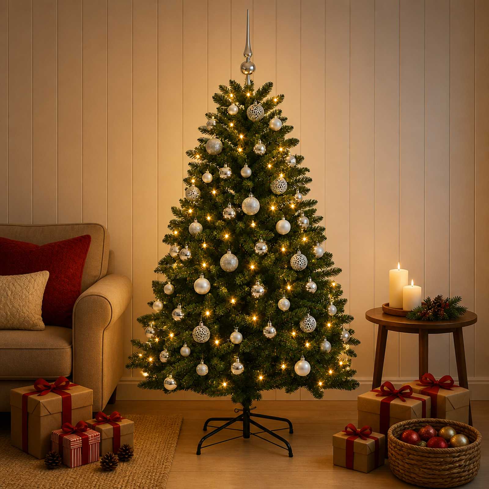 vidaXL - Kunstkerstboom - middengroen - met - kerstbal - 180 - cm - 300 - LED's