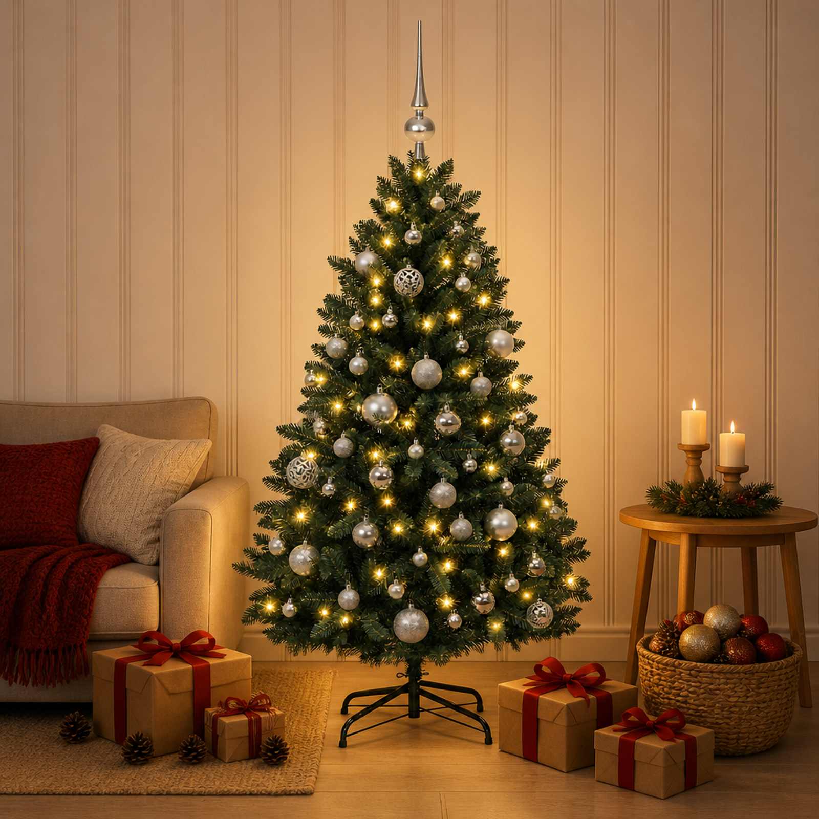 vidaXL Kunstigt mørkegrønt juletræ med julekugler 180 cm 300 LED'er